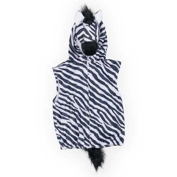 Full view of plush zebra costume top with black faux fur mane and tail