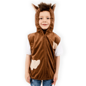 Detailed image of child wearing a horse themed brown hooded zip-up top. The perfect horse gift for girls and boys.