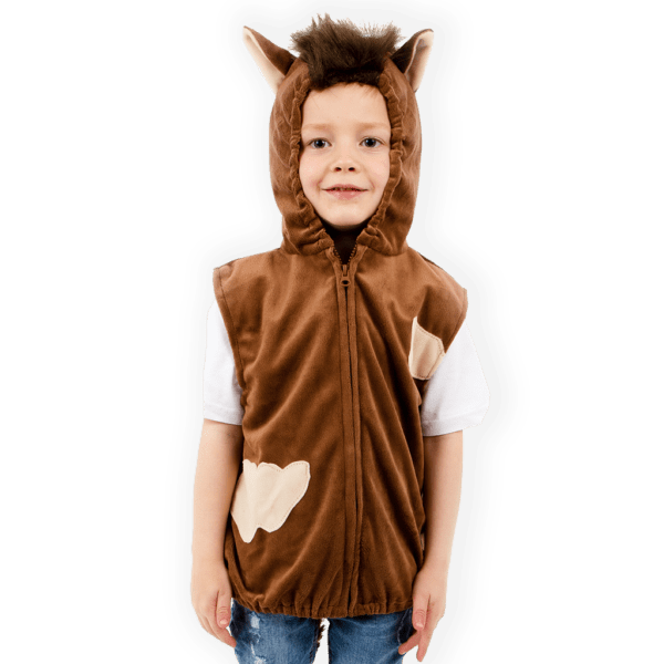 Detailed image of child wearing a horse themed brown hooded zip-up top. The perfect horse gift for girls and boys.