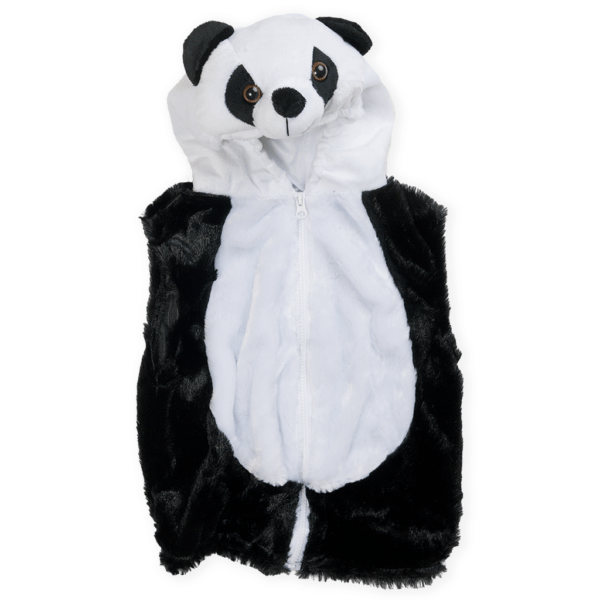 Pretend to Bee's panda outfit for kids. Shows the texture of the plush velour material and the elastic around the hood to ensure a safe fit.