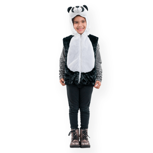 A fully length image of a child wearing a panda outfit. The sleeveless zip-up top covers the torso and the hood fits snugly around the face for good visibility. A perfect panda gift!