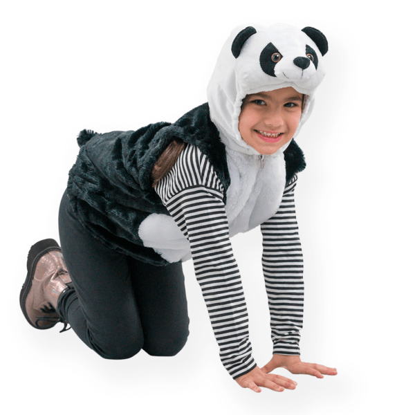 Close up on the padded panda face of the costume's hood. The back of the costume is also visible, showing the soft, black, plush velour material fluffy tail at the bottom of the costume