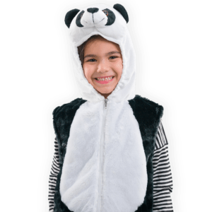 Close Up of smiling child wearing a black and white panda costume. the hood of the zip-up top is worn up so that key features like the padded panda face is visible and doesn't obstruct the child's face.