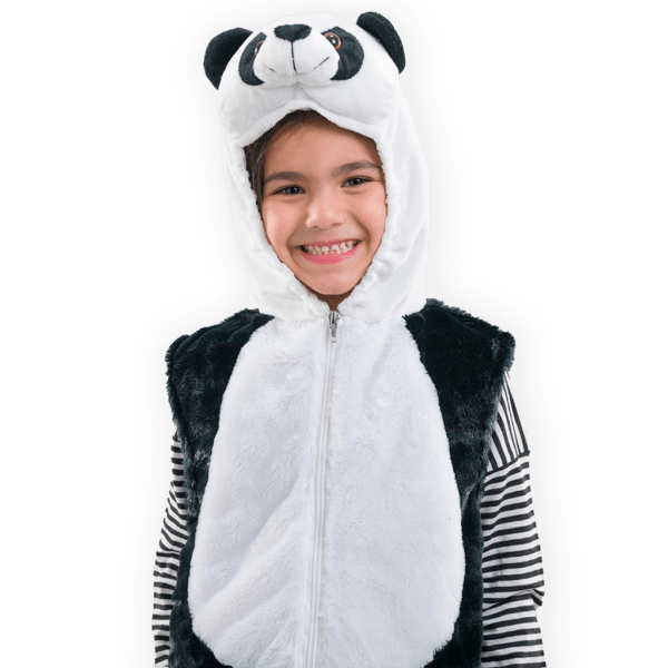 Close Up of smiling child wearing a black and white panda costume. the hood of the zip-up top is worn up so that key features like the padded panda face is visible and doesn't obstruct the child's face.