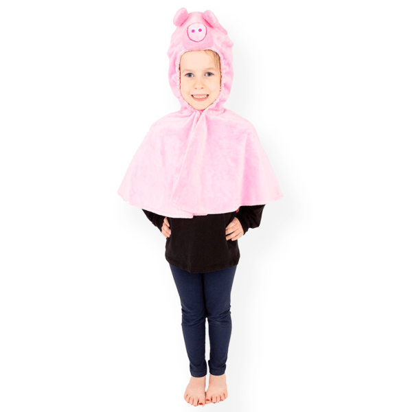 Child smiling whilst wearing a Pig themed Cape. The costumes hood is up shows the padded details well. The cape reaches mid-body.