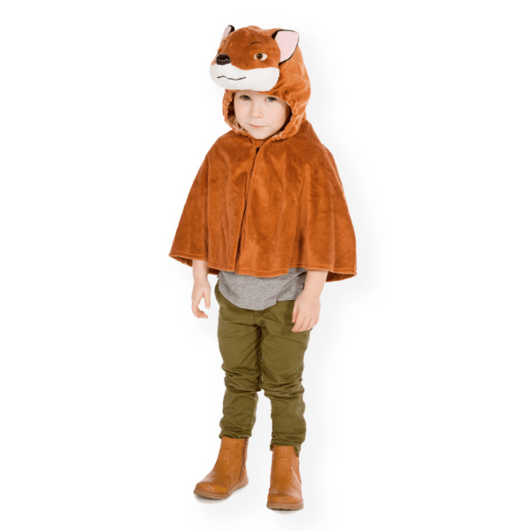 A fully body view of a child wearing the mr fox costume. the cape length reaches mid-arm and is closed with a velcro fastening at the neck