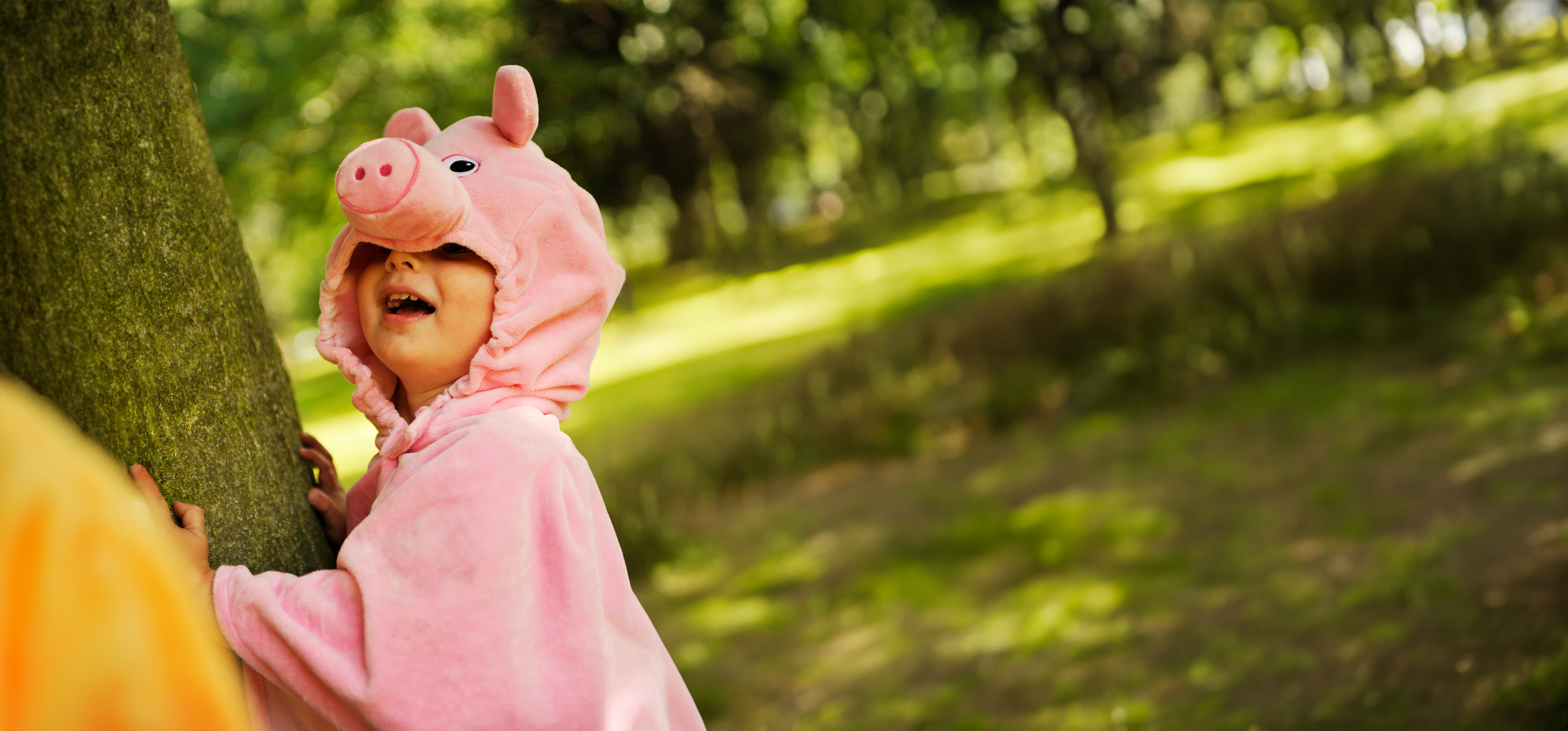 A young child wearing a pig costume cape as they play in the park. This pig dress up is machine washable for kids continuous fun!