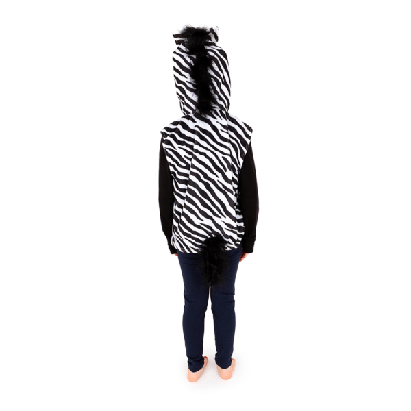 the reverse of the zebra costume top showing the faux fur mane and tail are look soft to touch.