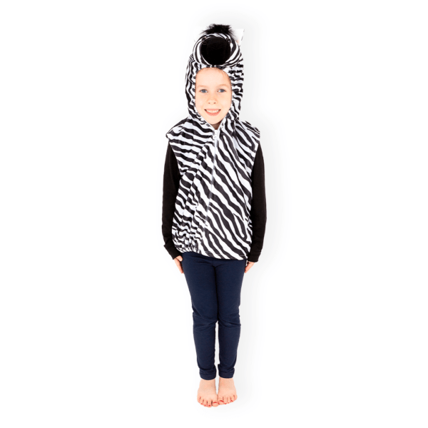 fully body image of a child wearing zebra costume. the costume top is sleeveless and reaches the waist. the top zips up from the front.