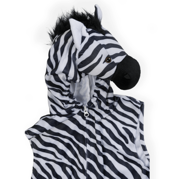 Product Image of Kids Zebra Costume. the padded hood features details of a zebra face such as adorable ears, long nose.