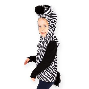 Side profile of child wearing a zebra themed costume top. the hood and waist are elasticated and the striped black and white plush material looks comfortable.