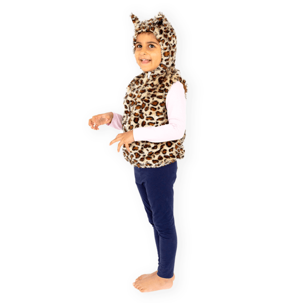 Side view of Kids Leopard Fancy Dress. The plush hood of the sleeveless top continues the Leopard print pattern, and the tabulated ears, stand out to theme an imaginative playtime.