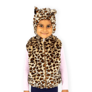 Child wearing a Leopard Print Zip-Up Top. Sized for children 3-7 years, the elasticated hood and waist for a snug fit. The soft polyester velour material is perfect for a comfortable playtime.