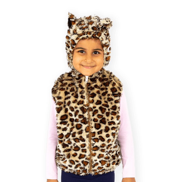 Child wearing a Leopard Print Zip-Up Top. Sized for children 3-7 years, the elasticated hood and waist for a snug fit. The soft polyester velour material is perfect for a comfortable playtime.