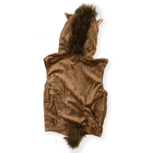 High quality product image of reverse of brown horse costume. highlighting faux fur mane and tail