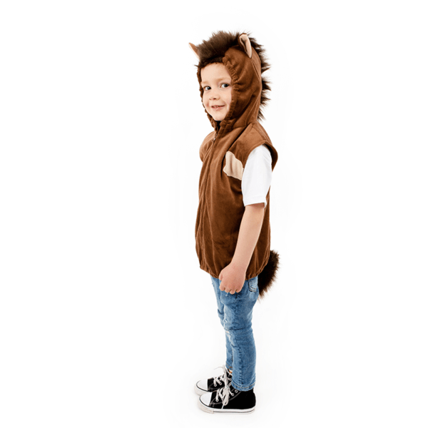 Angled side view of child wearing horse fancy dress top. the light brown patches and detachable faux fur tail are visible demonstrating the range of textures.