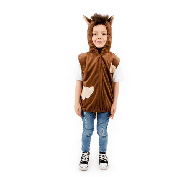 full body image of a kids Horse costume top. the hood is up showing the attached ears and faux fur brown mane. The sleeveless top is elasticated around the waist.