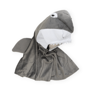 Soft Plush Cape with hood white and grey detailed with and white felt teeth around the pointed hood, beady felt eyes