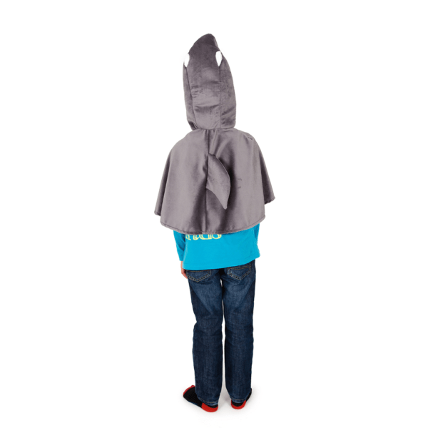 view of back of shark kids costume cape. felt shark eyes on hood and padded plush shark fin are visable