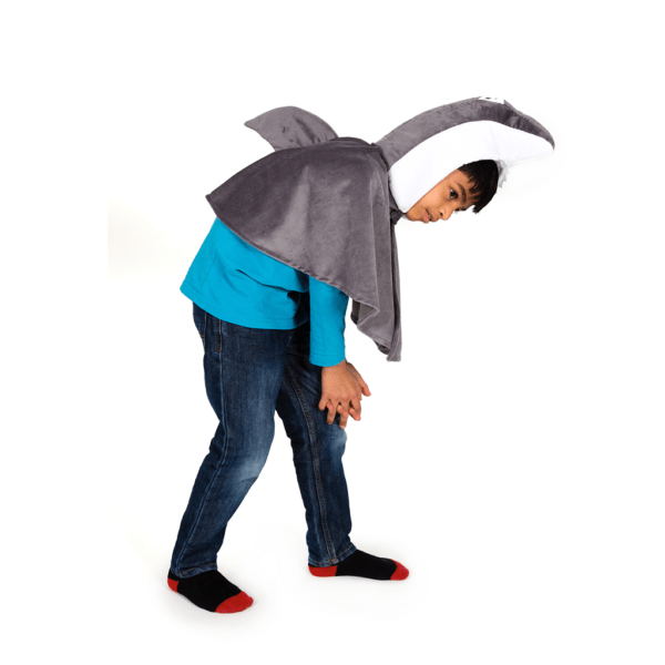 child pretending to swim like a shark. Velcro neck fastening ensuring that cape is secure and comfortable to wear