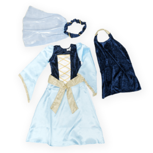 The three components of the Kids Maid Marion Costume are laid out to see the high quality material and details of the medieval style princess dress, the matching headband with attached veil and the velour cape