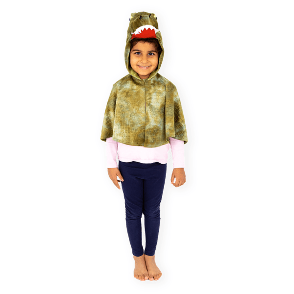 The cape reaches the child's mid-torso. The padded hood is detailed with crocodile facial features such as acrylic eyes and white felt teeth for an extra fierce look.