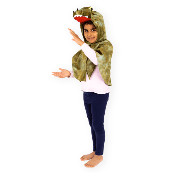 Side view of child wearing themed animal cape. perfect for a crocodile Halloween costume or enormous crocodile costume.