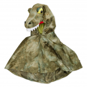 Highly detailed product Image of the Crocodile fancy dress for kids. The plush velour fabric has a green tie-dye colour with a textured scale effect. The hood is elasticated to ensure a secure fit.