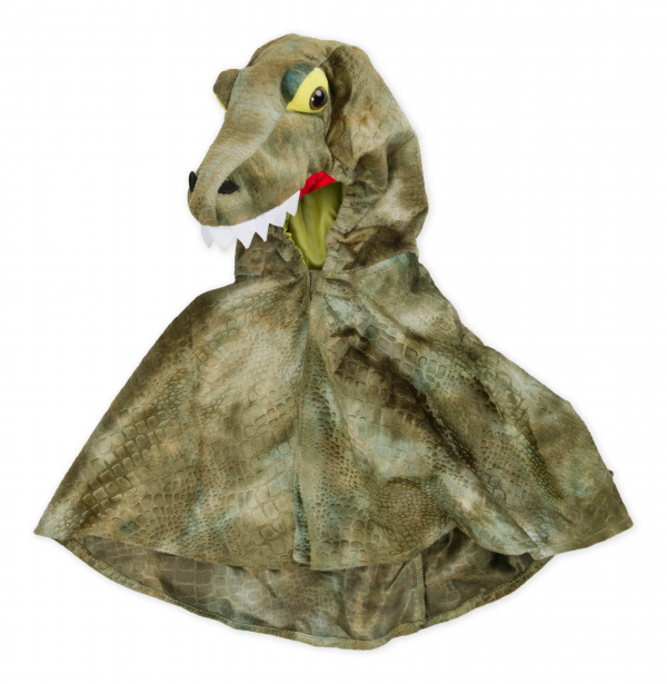 Highly detailed product Image of the Crocodile fancy dress for kids. The plush velour fabric has a green tie-dye colour with a textured scale effect. The hood is elasticated to ensure a secure fit.