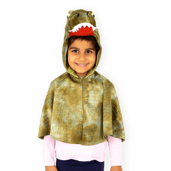 close up of child wearing Crocodile Costume. A Velcro fastening secures the cape at the neck. the hood is padded and sits comfortably on the child's head without obscuring the face.