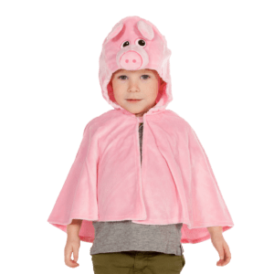 Machine Washable Kids Pig Costume. A close up of a light pink hooded cape.