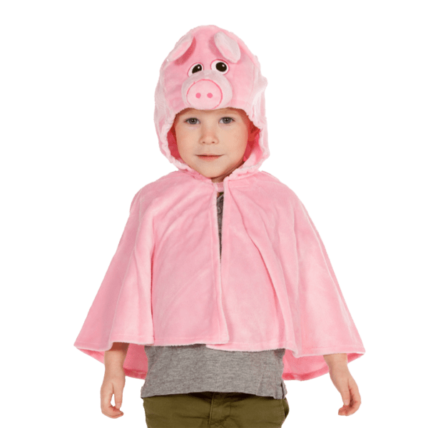 Machine Washable Kids Pig Costume. A close up of a light pink hooded cape.