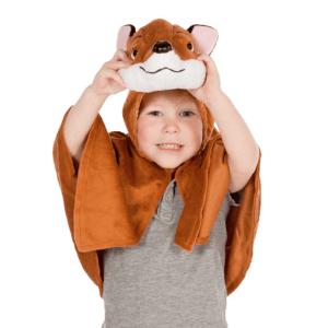 Close Up of child wearing a Fox animal costume. The hooded cape falls to mid-chest and the hood has a padded fox details made from plush velour that sits on top of the child’s head